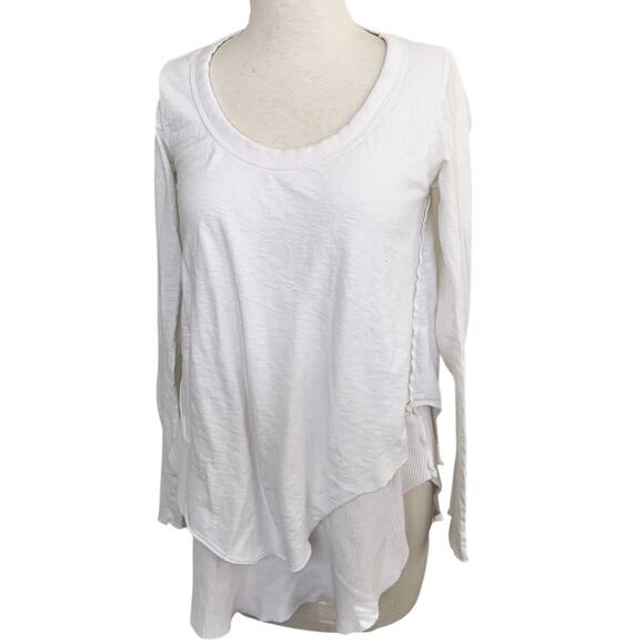 Peyton Jensen Blouse Top White 100 % Cotton Layered Hem Long Sleeve Round Neck M - Picture 1 of 5